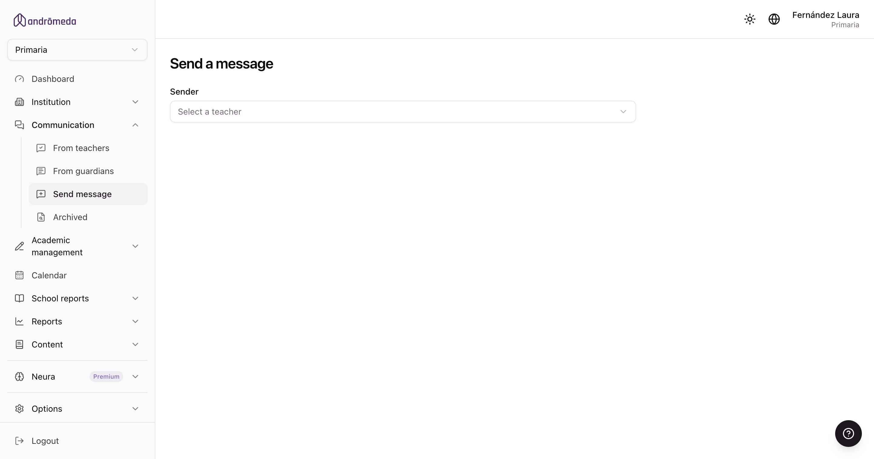 The screen for sending a message to families