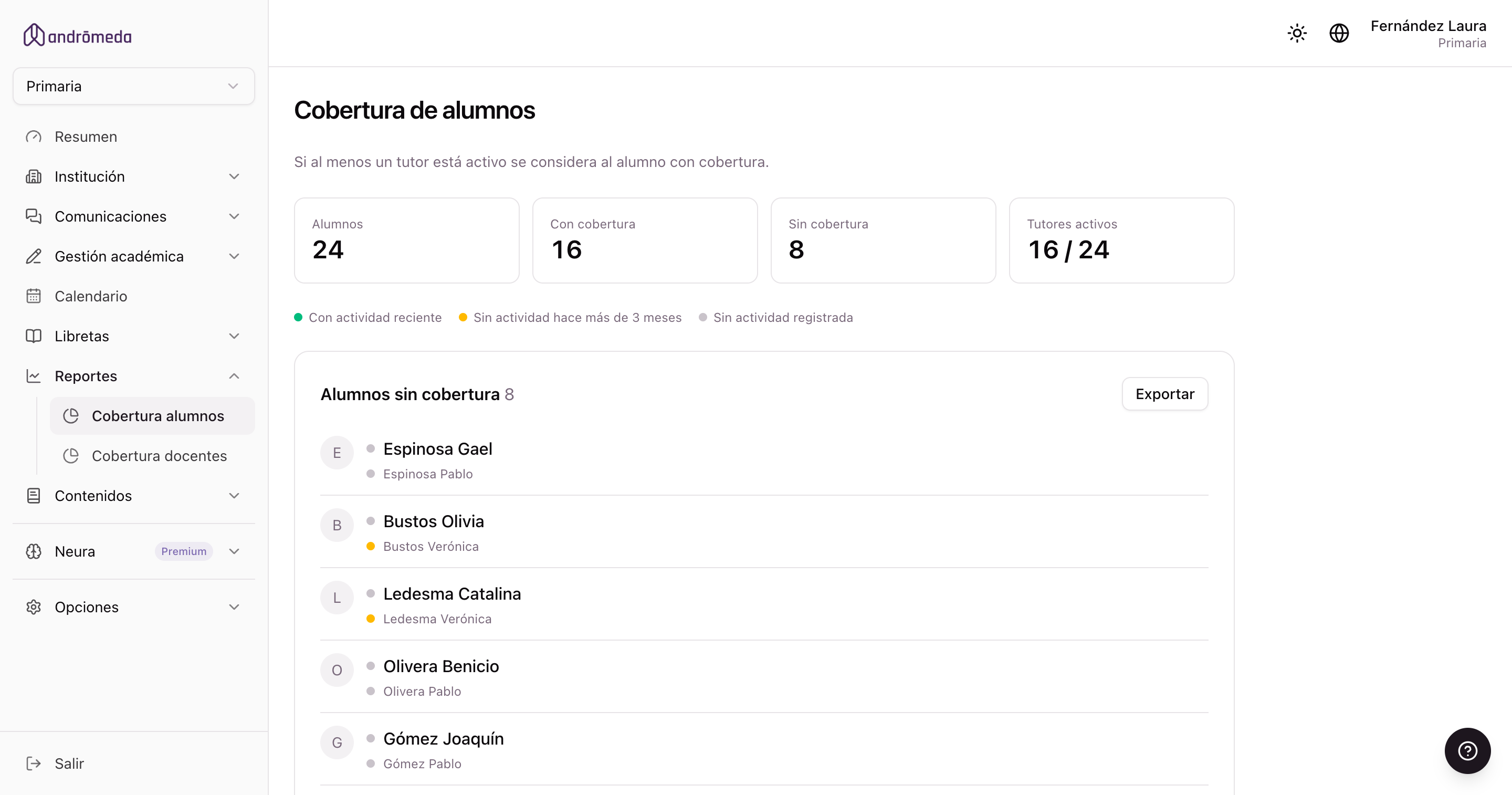 El reporte de cobertura de alumnos, con los tutores sin actividad reciente