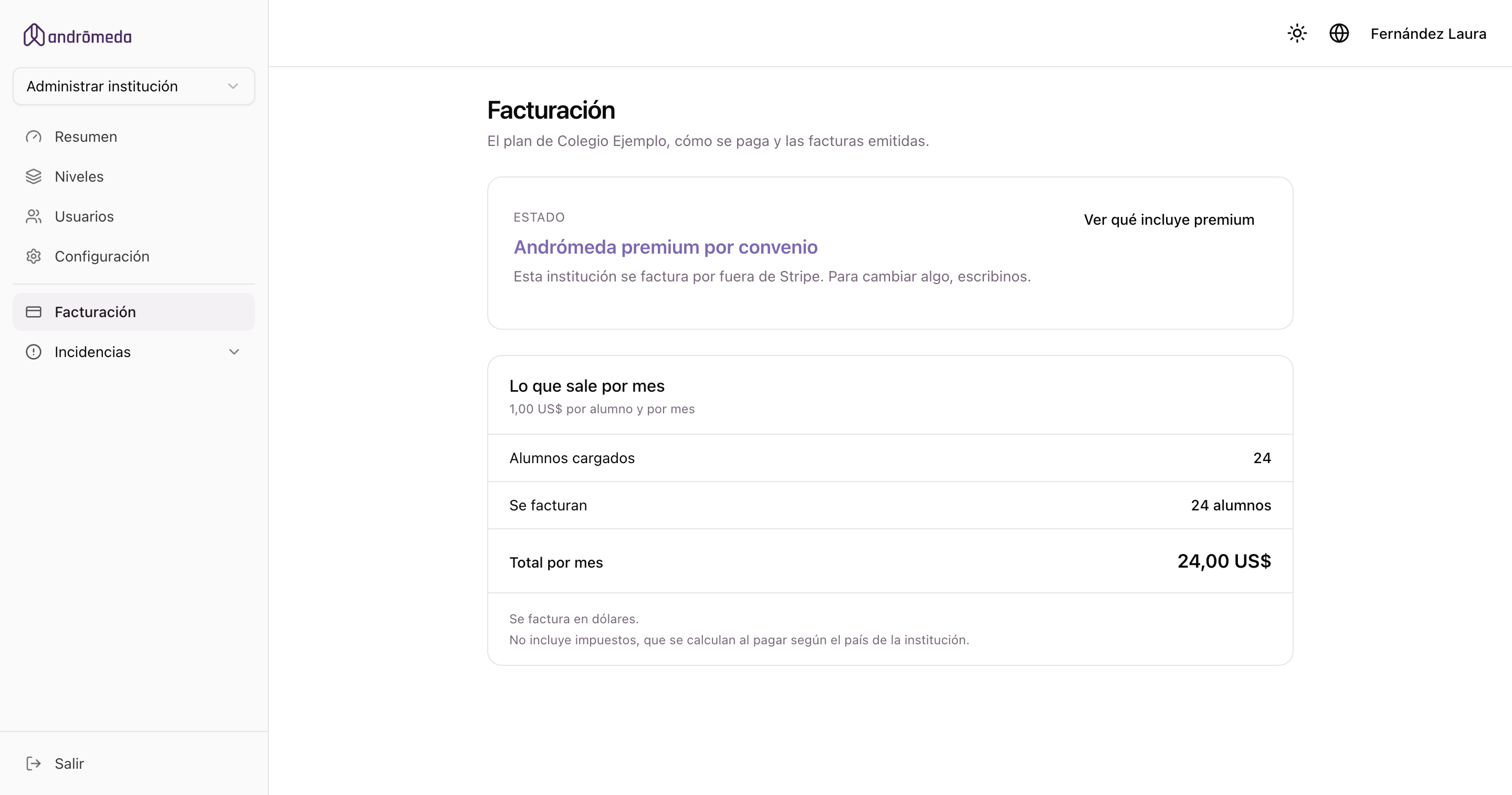 La pantalla de facturación, con el plan y las facturas emitidas