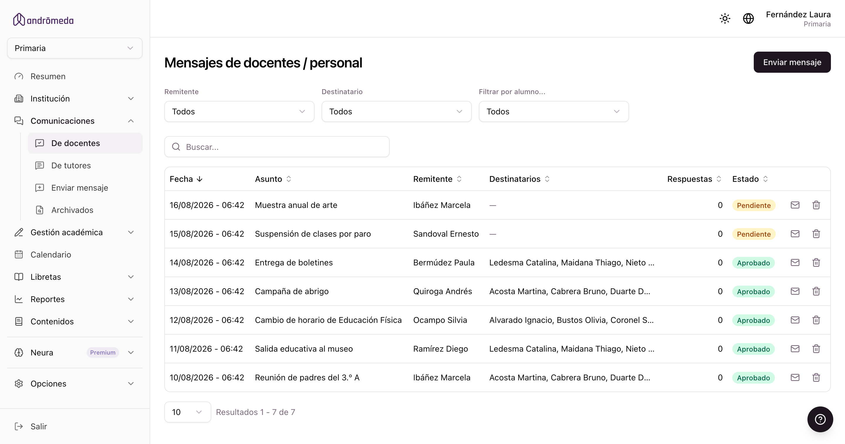 El listado de mensajes, con los que esperan aprobación marcados como pendientes