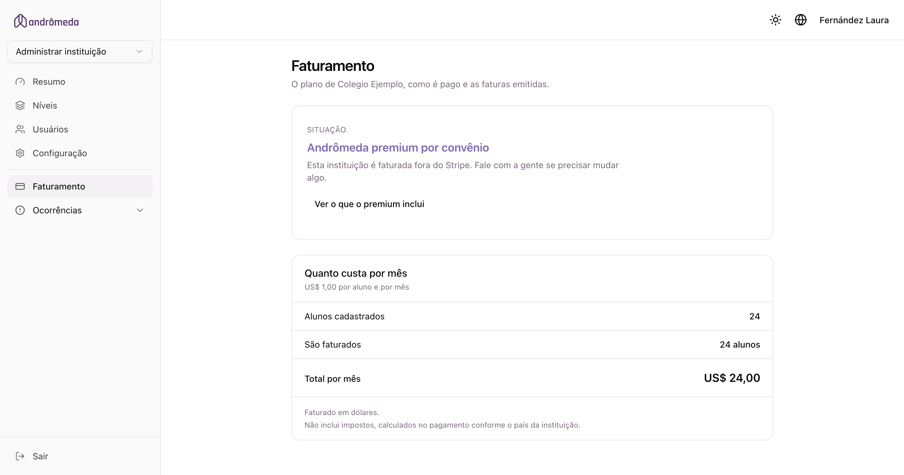 A tela de faturamento, com o plano e as faturas emitidas
