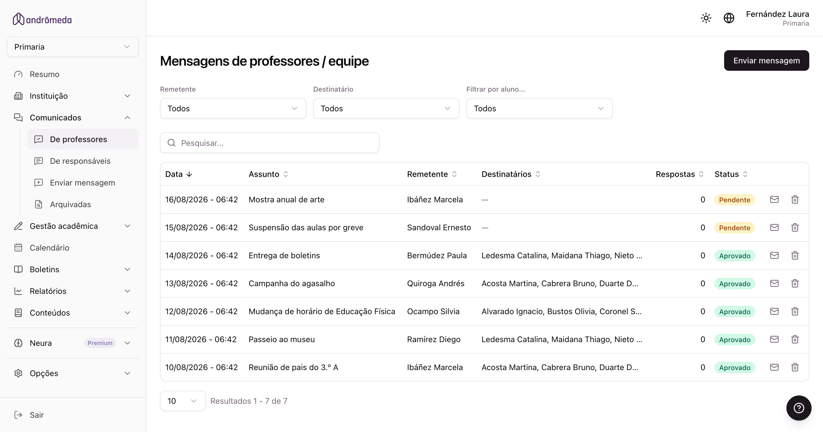 A listagem de mensagens, com as que esperam aprovação marcadas como pendentes